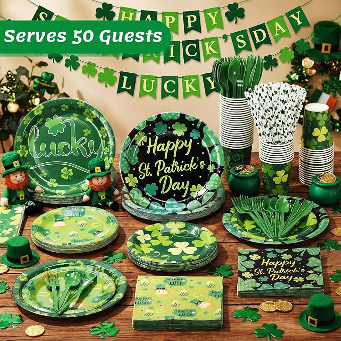 450 Pcs Happy St. Patrick's Day Tableware Set Decoration Serves 50 | Lucky