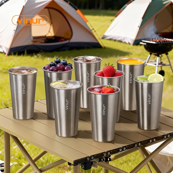 VINUR Stainless Steel Cups-20 oz Stackable Metal Drinking Glasses 8 Pcs | 20 oz