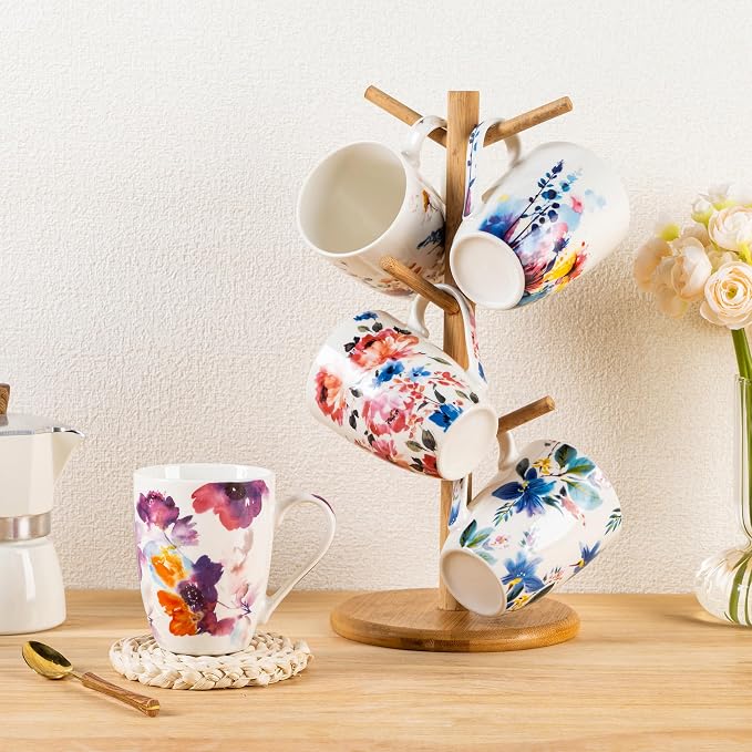 GBhome Floral Coffee Mugs Set of 6, 12 oz Ceramic Coffee Cups Set | Classic