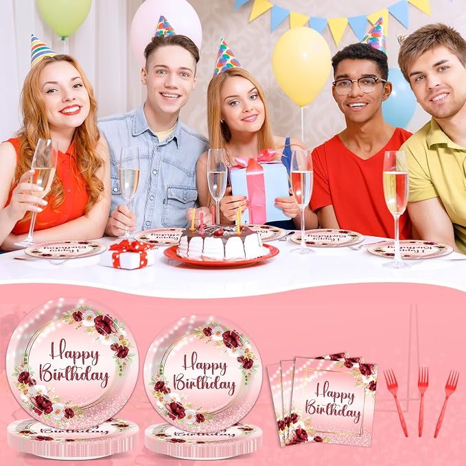 96Pcs Burgundy Birthday Party Supplies Burgundy Floral Paper Plates Napkins