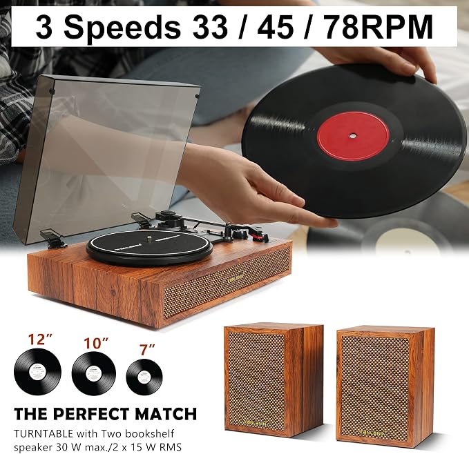 Vinyl Record Player with External Speakers, 3 Speed Bluetooth Turntable