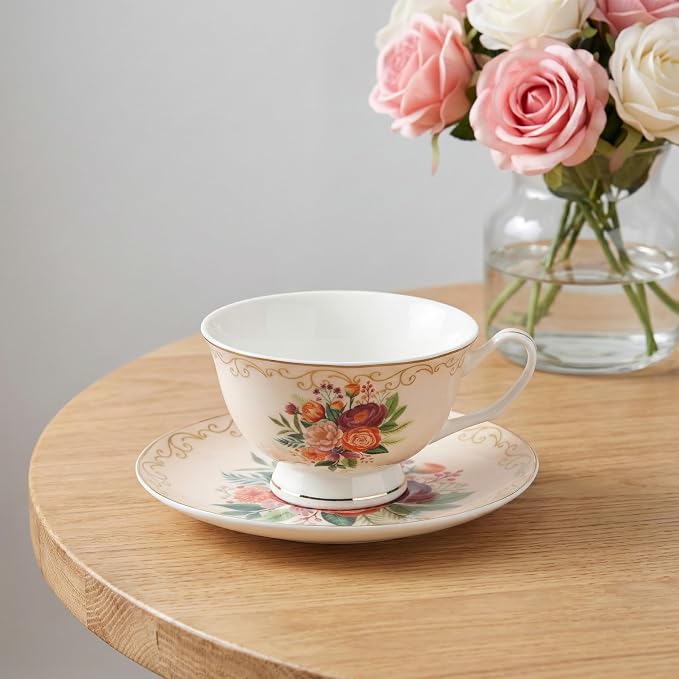 BTaT- Floral Tea Cups and Saucers, 8 oz, Fine Porcelain Teacup Set