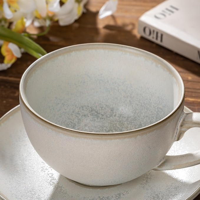 Porcelain Coffee Cup with Saucer, 10 oz Vintage Design Ceramic Latte Art