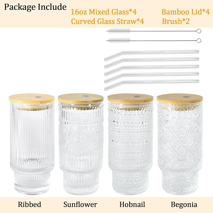 Glass Cups with Lids and Straws 16 oz Vintage Drinking Glasses Set | Embossed
