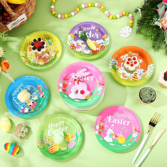 120 Pieces Happy Easter Paper Plates Bulk 7 Inch Bunny Eggs Disposable Easter