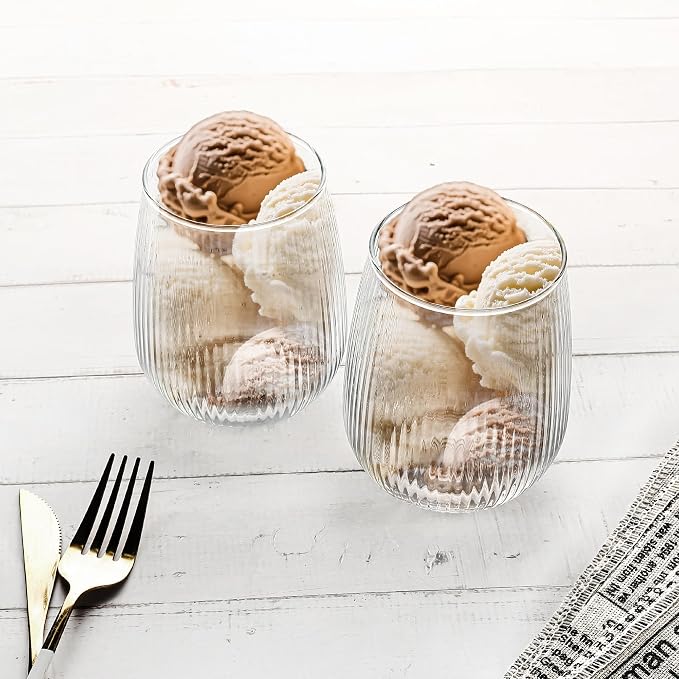 UMEIED 12 Pack Textured Glass Cups, 490ml | Elegant Vertical Ribs, Flat Base