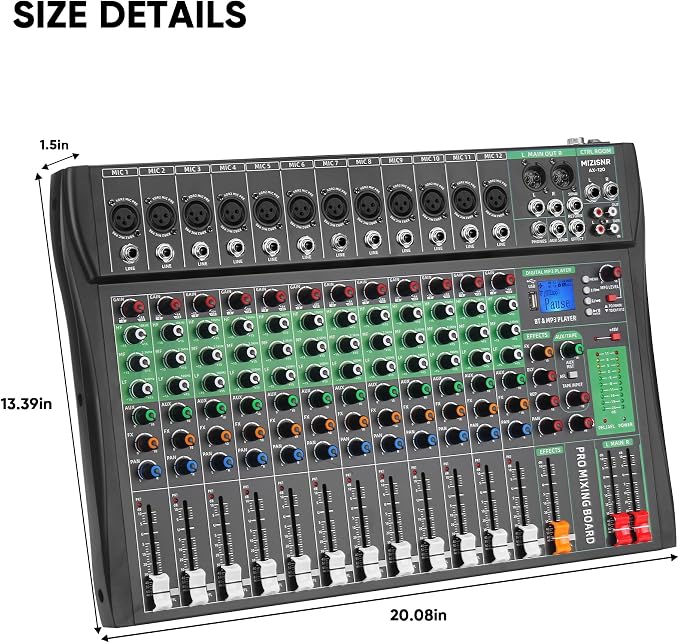 12 Channel Audio Mixer, Professional DJ Mixer Board Sound Music Mixing Console