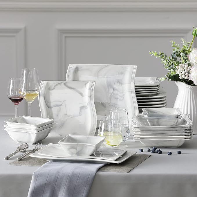 MALACASA 26-Piece Marble Grey Square Dinnerware Sets, Flora Porcelain Dinner Set