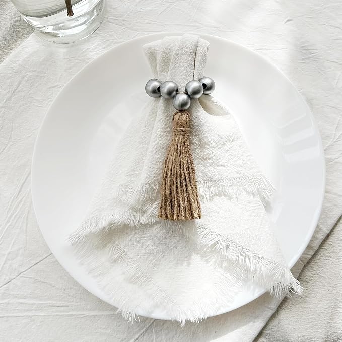 Napkin Rings Set of 12, Wooden Napkin Rings, Wood Bead Elastic Farmhouse Napkin