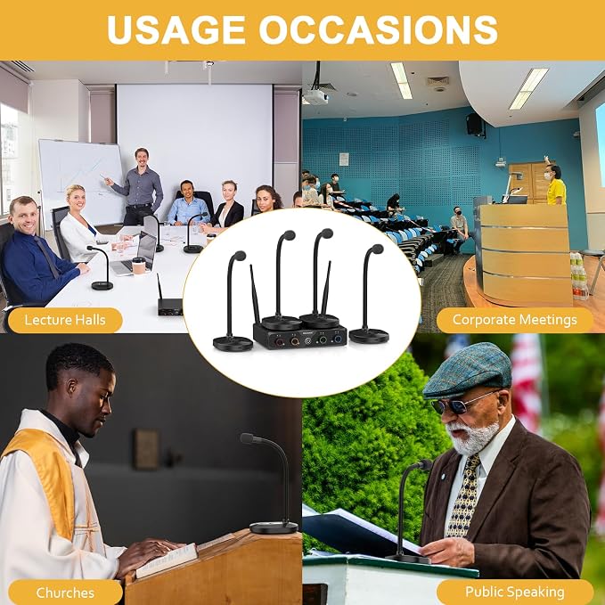 4-Channel Wireless Conference Microphone System, UHF Compact Cordless Mic Set