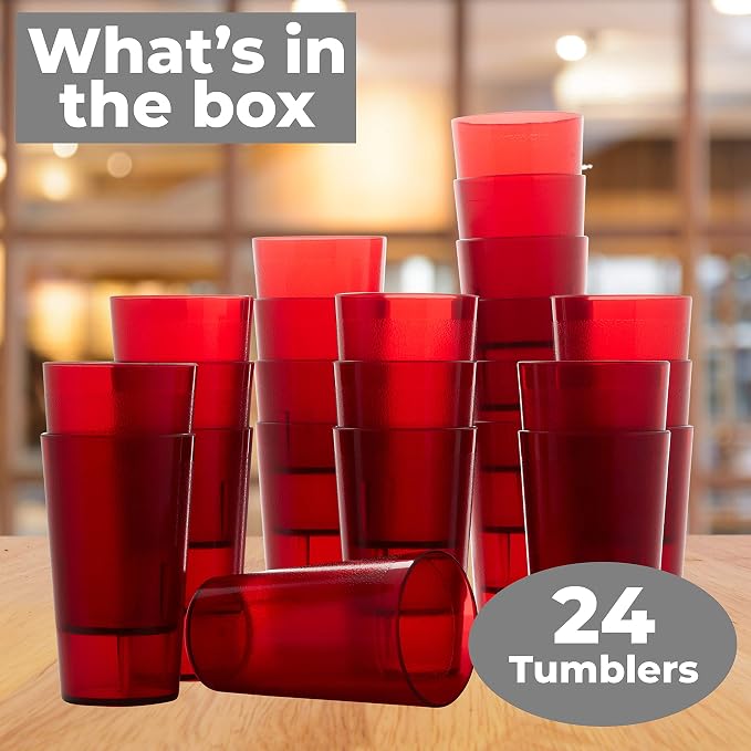 Restaurant Grade, BPA-Free 12oz Red Plastic Cups 24pk. Super Durable, Break
