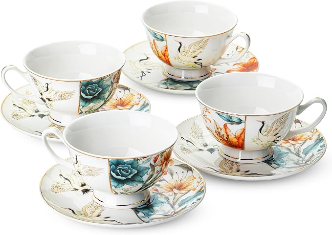 BTaT- Floral Tea Cups and Saucers Set of 4, Porcelain Tea Cup Sets