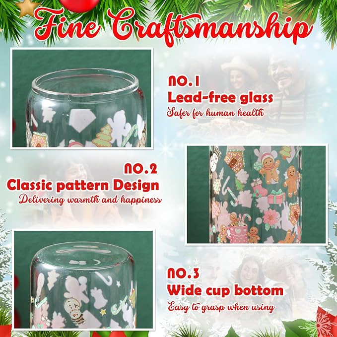 Sliner 2 Pcs Gingerbread Glass Cups Summer Christmas Tumbler