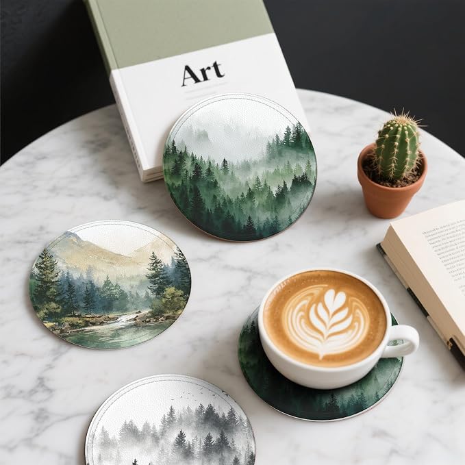 Forest Coasters Leather Round Drink Coasters 6 Pcs Set