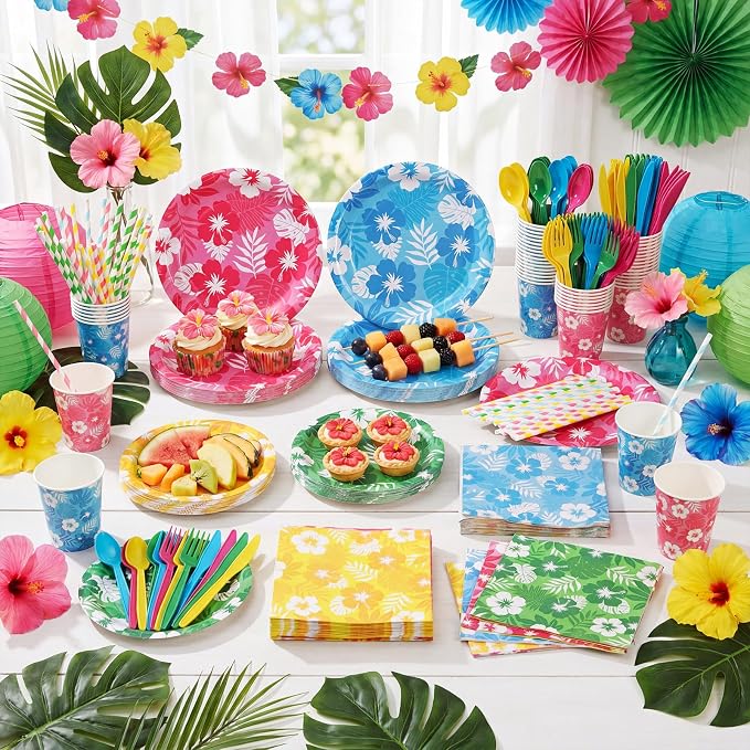 450 Pcs Hawaiian Luau Tableware Set Decorations, Serves 50 | Aloha Tropical