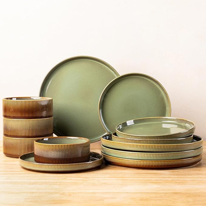 Ceramic Dinnerware Set for 4, 12-Piece Plates and Bowls Set | Lightweight