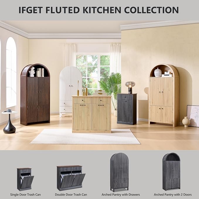 71" Tall Arched Pantry Cabinet, Fluted Kitchen Storage Cabinet