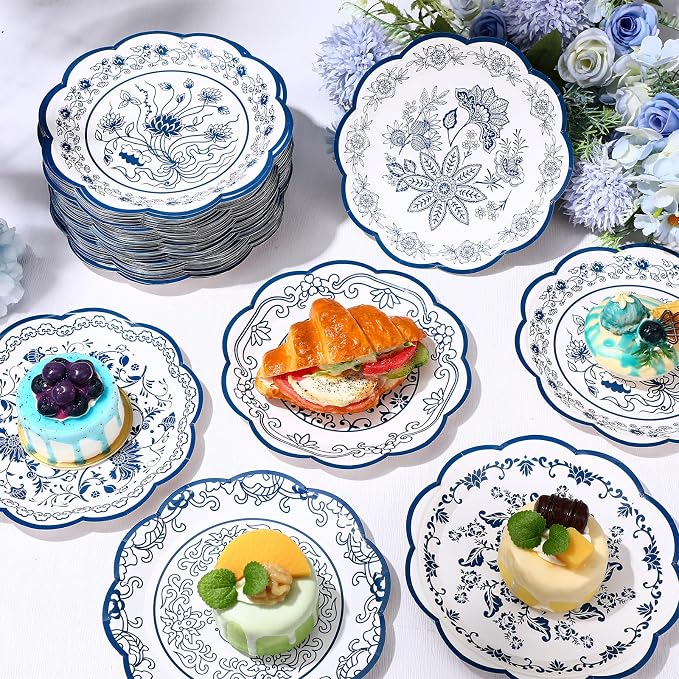 120 Pcs Blue Floral Party Plates 7 Inch Vintage Disposable Paper Plates Blue