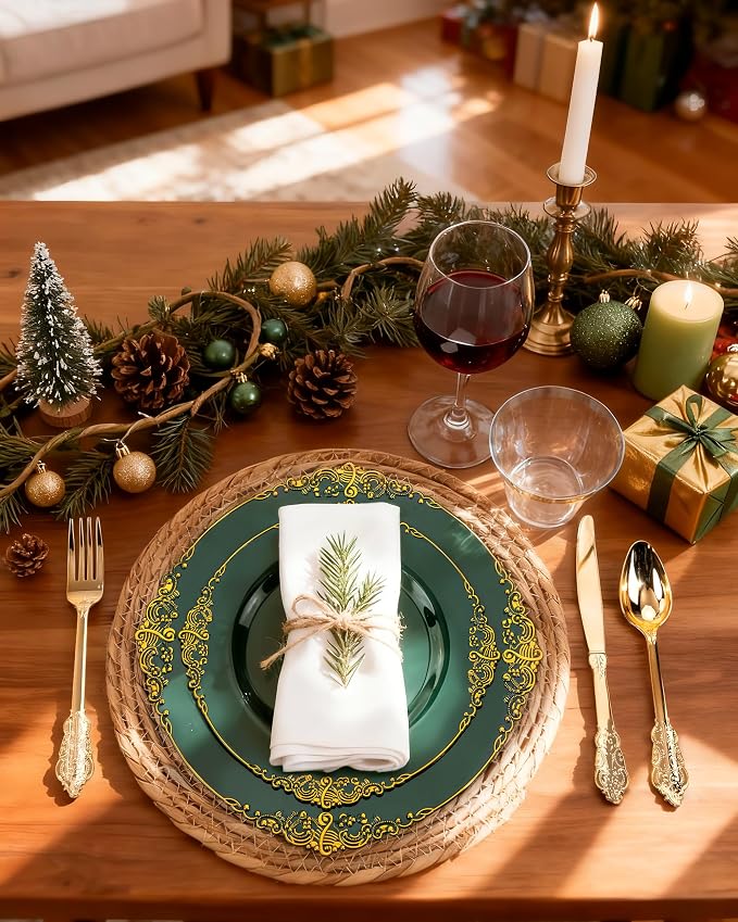 Nervure 350Pcs Green Plastic Plates, Plastic Dinnerware Set