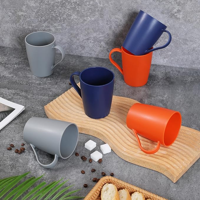 Coffee Mugs Set of 6, 12 Ounce Plastic Coffee Cups Set, 3 Basic Colors |