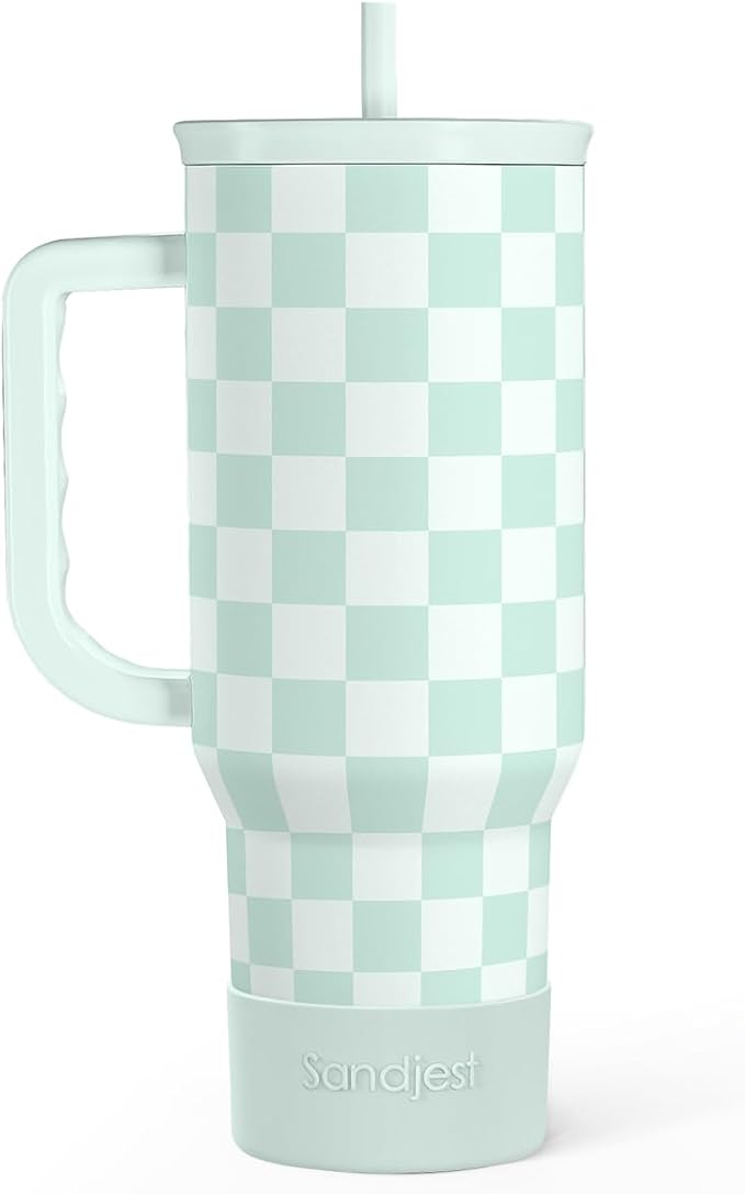 Checkered Tumbler with Handle 40oz, Mint Checker Cup Stainless Steel Insulated