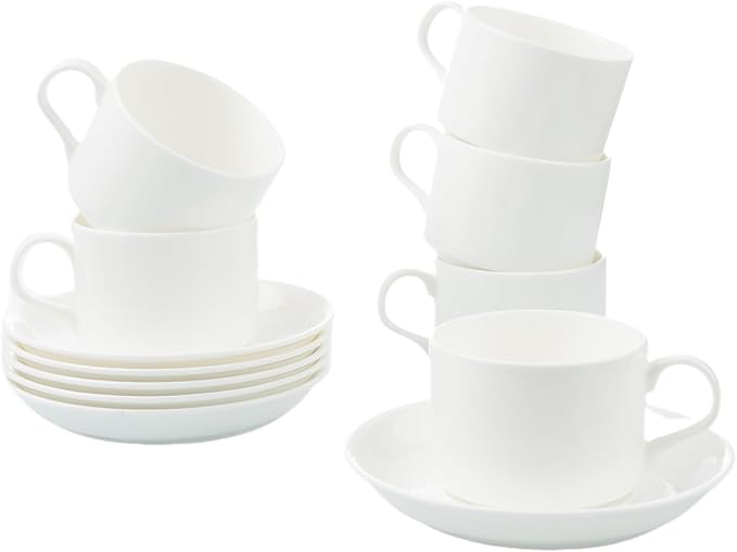 Fine Bone China Stackable Cup and Saucer Set of 6, Pure White Color Glaze Easy