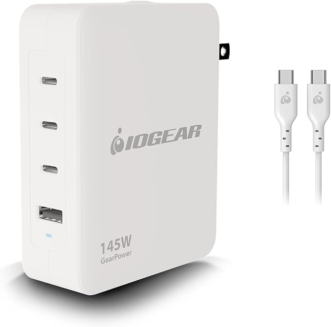 IOGEAR GearPower 145W Multiport Charger, 4 Port, USB-C Cable, iPhone 16