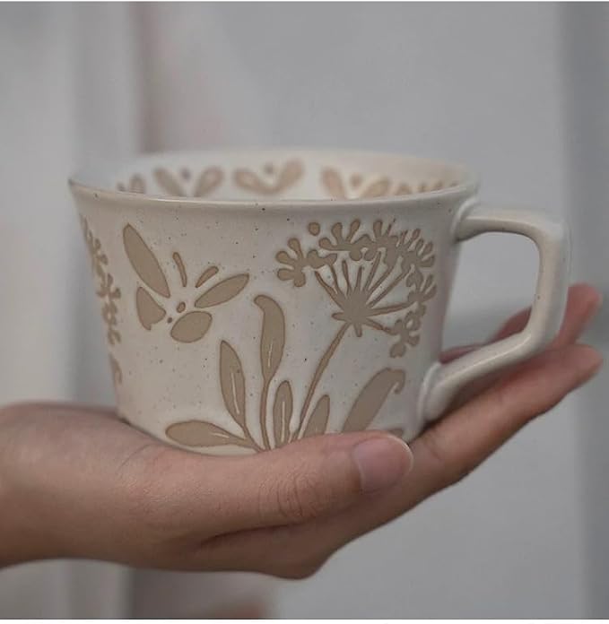12 Ounce Ceramic Mug Set of 3 Embossed Leaf Ceramic Coffee Mugs, Vintage