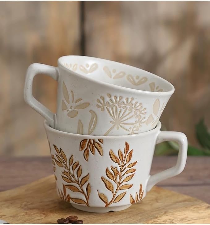12 Ounce Ceramic Mug Set of 3 Embossed Leaf Ceramic Coffee Mugs, Vintage