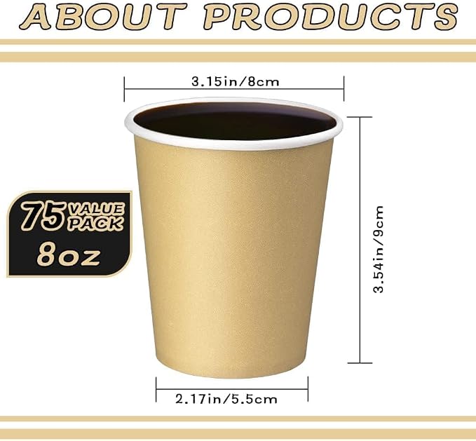 75 Pack 8 oz Disposable Paper Cups, Khaki Paper Coffee Cups | Beverage Drinking