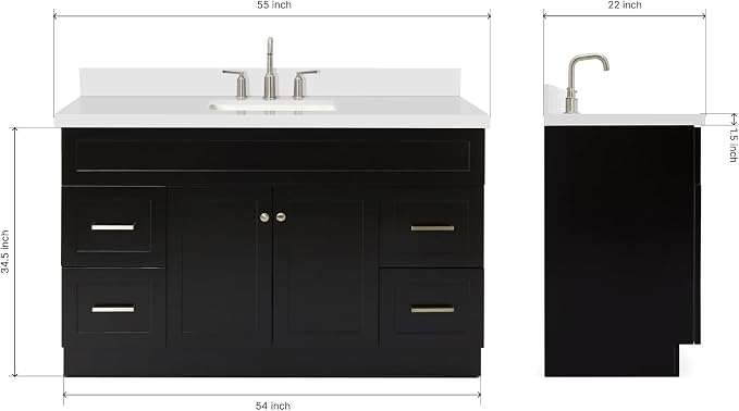 55" Black Bathroom Vanity 1.5" Edge Pure White Quartz Countertop
