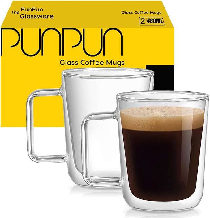 PunPun 16oz.480ml Clear Glass Mugs Large Coffee Mugs, Jumbo Insulated Double