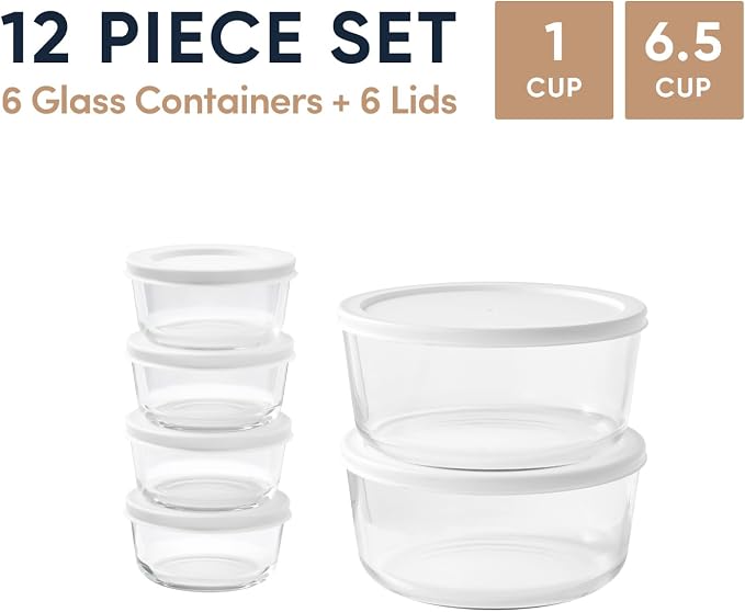 12-Piece Glass Food Storage Containers Set | 1-Cup & 6.5-Cup, Leakproof |