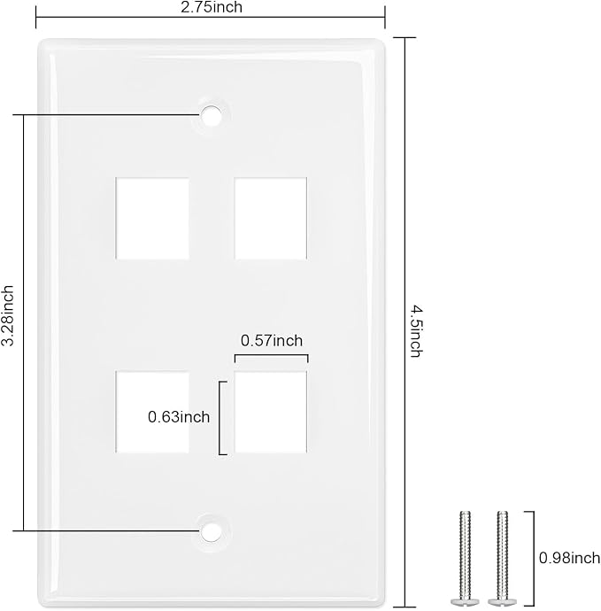 FGB 4-Port Keystone Wall Plate 20-Pack, Low-Profile Single Gang Wall Plates