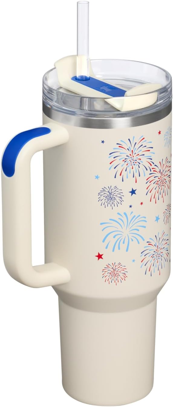 STANLEY Quencher H2.0 Flow State Tumbler, 40 oz, Cream Royal Fireworks | Handle