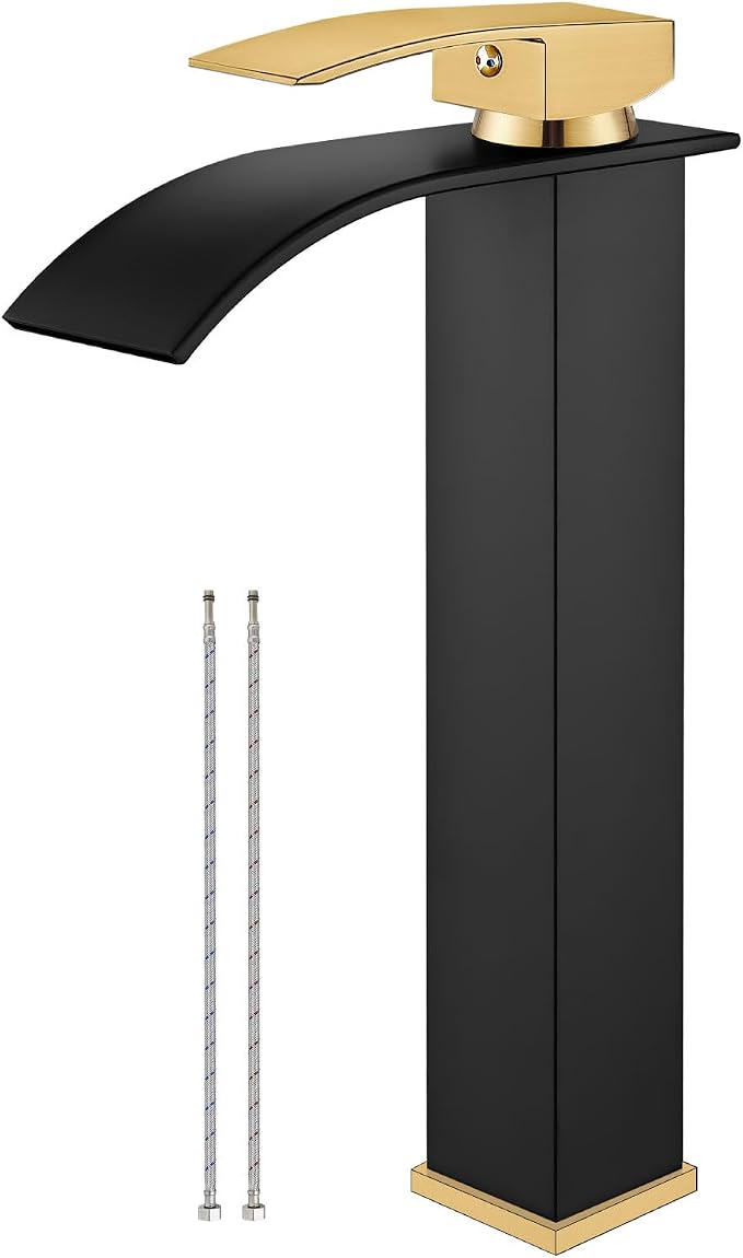 Waterfall Bathroom Tall Vessel Faucet Matte Black&Brushed Gold Vanity