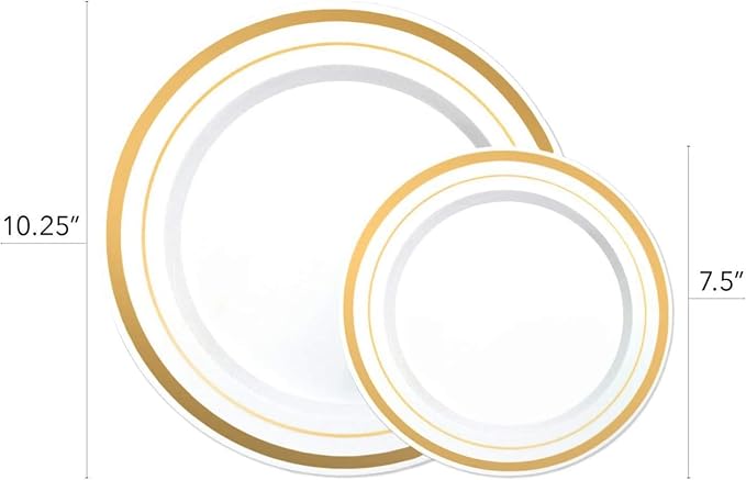 125-Piece White and Gold Fancy Plastic Plates Disposable