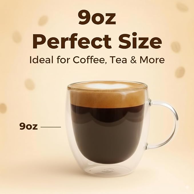 Casafoyer 9 Oz Double Wall Glass Coffee Cups Set of 4, Borosilicate Espresso