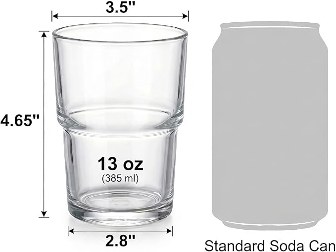 Clear Ribbed Glass Cups, 13 oz Stackable Drinking Glasses