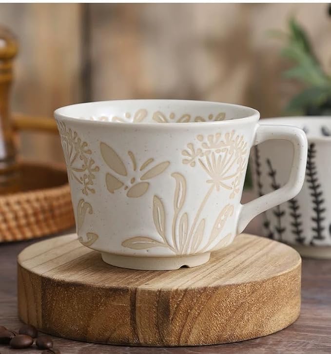 12 Ounce Ceramic Mug Set of 3 Embossed Leaf Ceramic Coffee Mugs, Vintage
