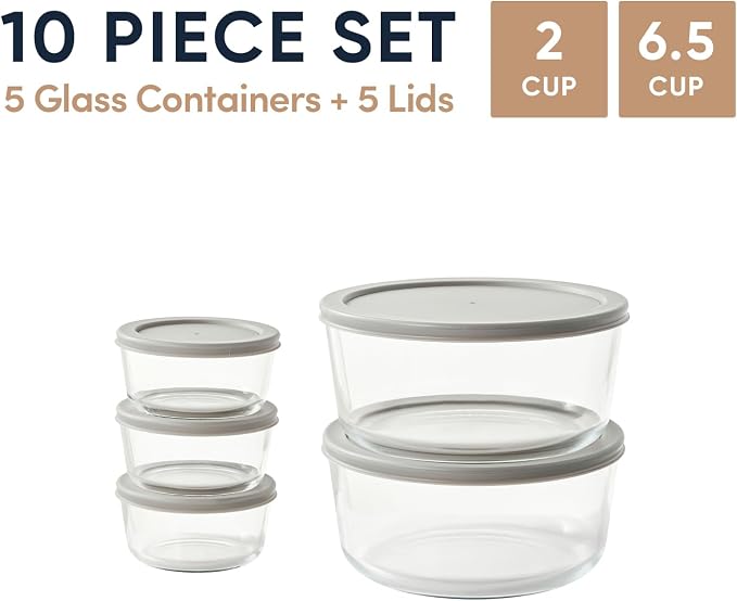 10-Piece Glass Food Storage Containers Set | 2-Cup & 6.5-Cup, Leakproof |
