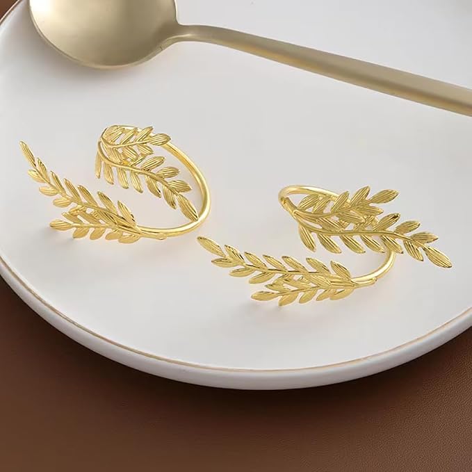 14K Gold Napkin Rings Set of 12, Metal Gold Leaf Napkins Rings Holder Buckles