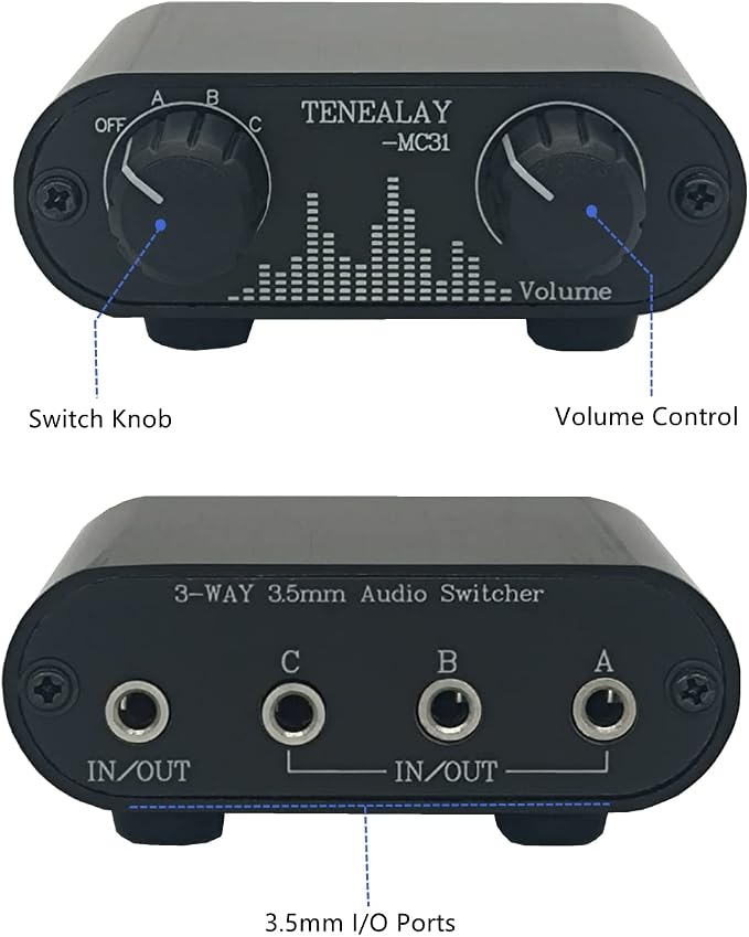 3.5mm Audio Switch with line Volume Controller, 3 in 1 Out 1/8" aux switcher