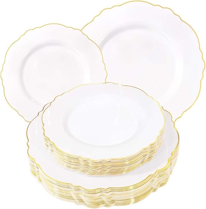 60pcs White and Gold Plastic Plates