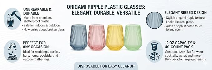 40 Pack Disposable Stemless Plastic Wine Glasses 12 oz