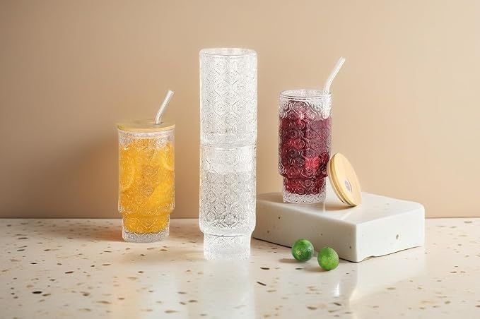 Vintage Glass Cups with Bamboo Lids and Straws–4Sets 11oz Iced Coffee Cups
