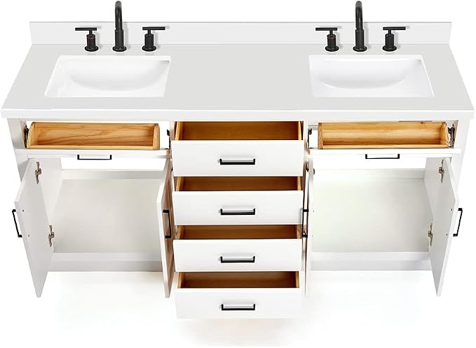 73" White Double Vanity, 1.5" Edge Pure White Quartz Countertop