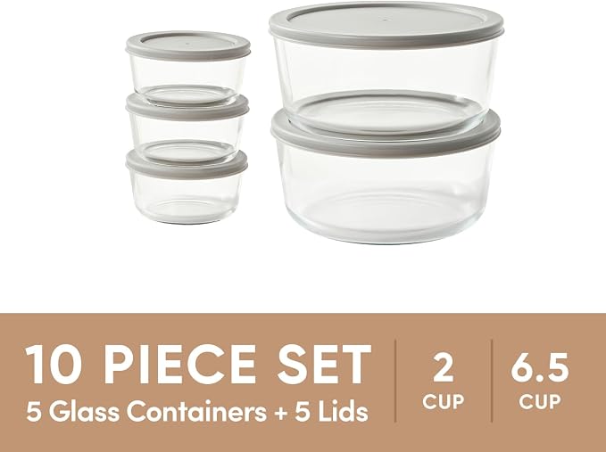 10-Piece Glass Food Storage Containers Set | 2-Cup & 6.5-Cup, Leakproof |