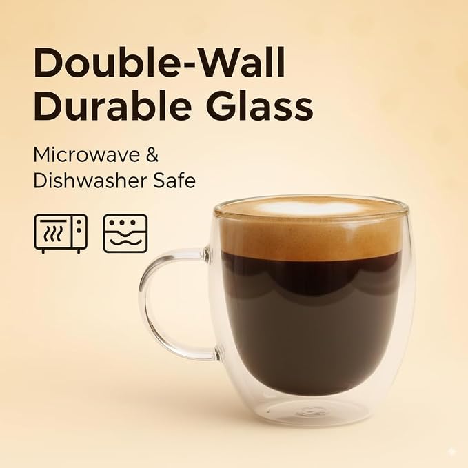 Casafoyer 9 Oz Double Wall Glass Coffee Cups Set of 4, Borosilicate Espresso