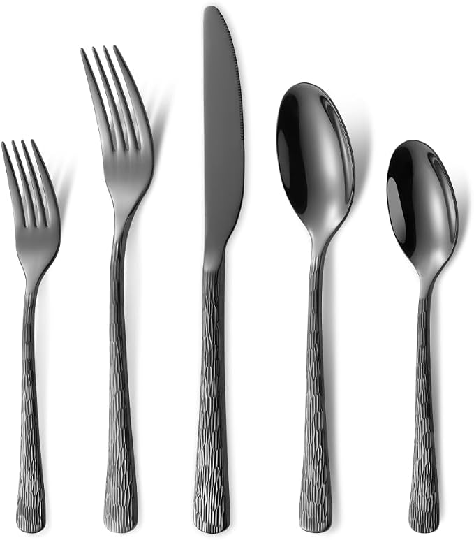Hammered Black Silverware Set, Flatware Set, 18/10 Stainless Steel Premium